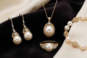 pearl necklace set laid out with matching earrings and ring on a jewelry tray