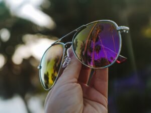 close up of a UV400 sticker on a sunglasses lens