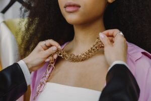 diagram showing three necklace lengths spaced on a neckline, labeled choker, mid, and anchor