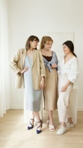 styling a line midi skirt at three heights with matching hem lengths and shoes